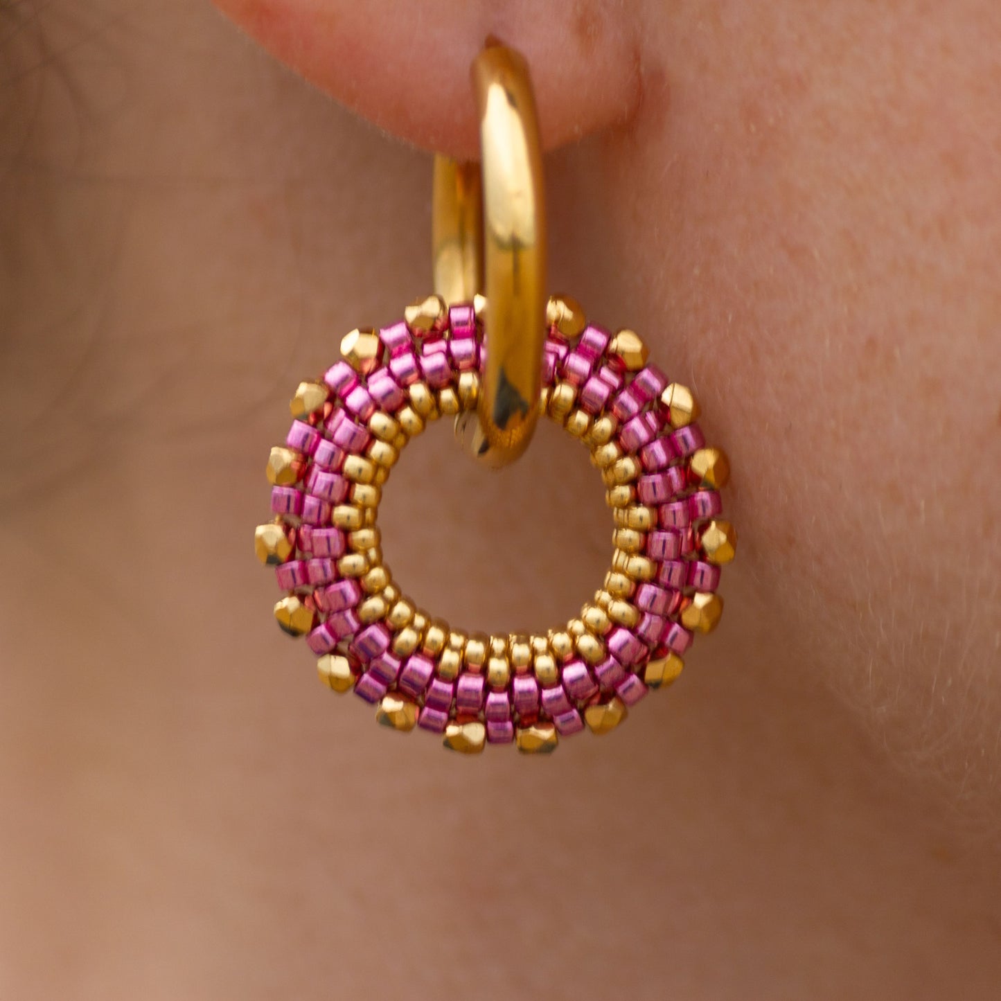 Boucles d'Oreilles Créoles | Acier Inoxydable & Perles | Or & Rose
