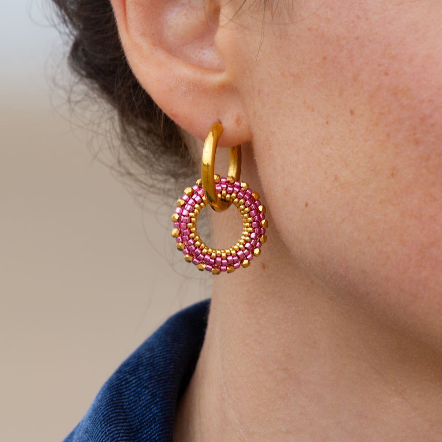 Boucles d'Oreilles Créoles | Acier Inoxydable & Perles | Or & Rose
