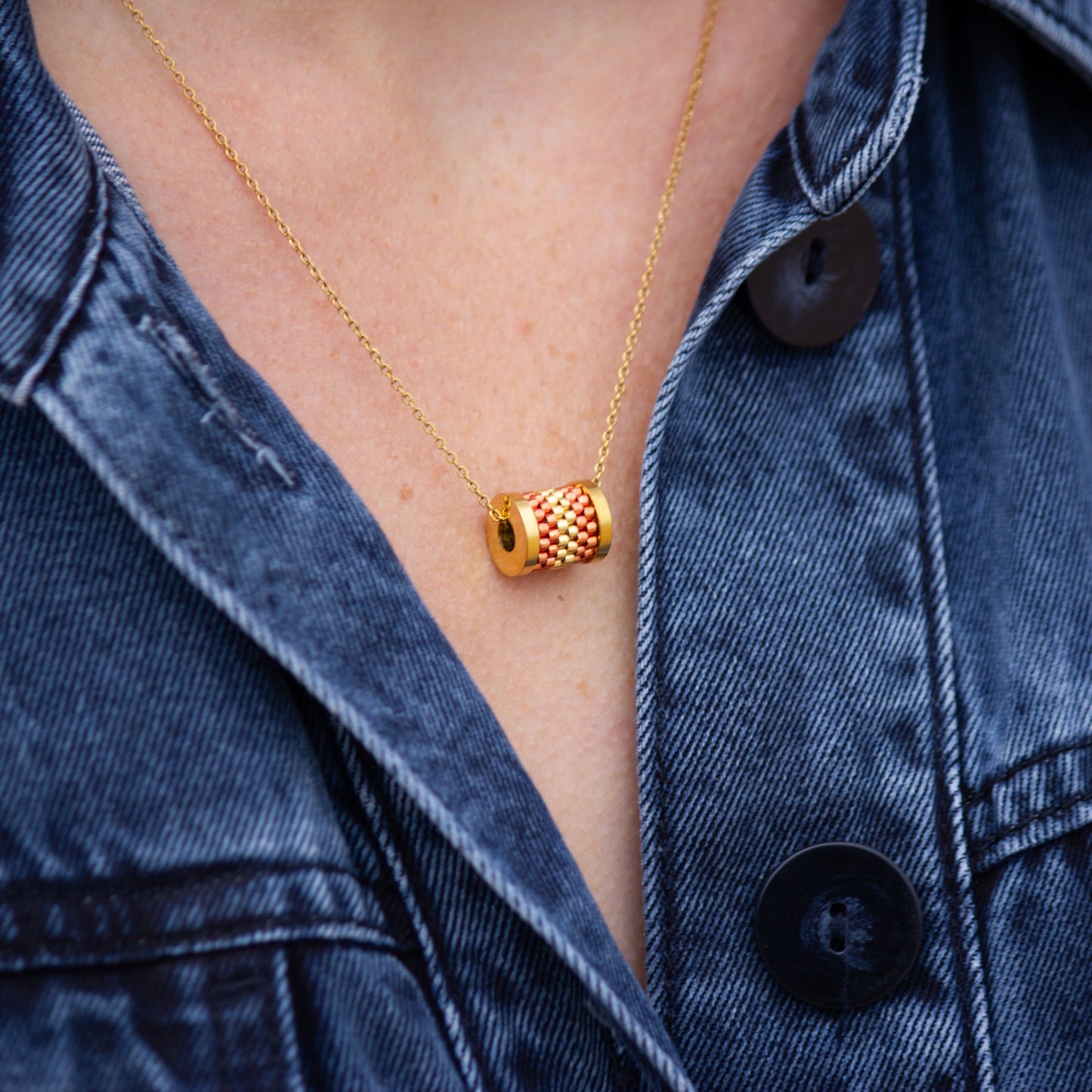 Collier Pendentif | Acier Inoxydable & Perles | Or & Orange