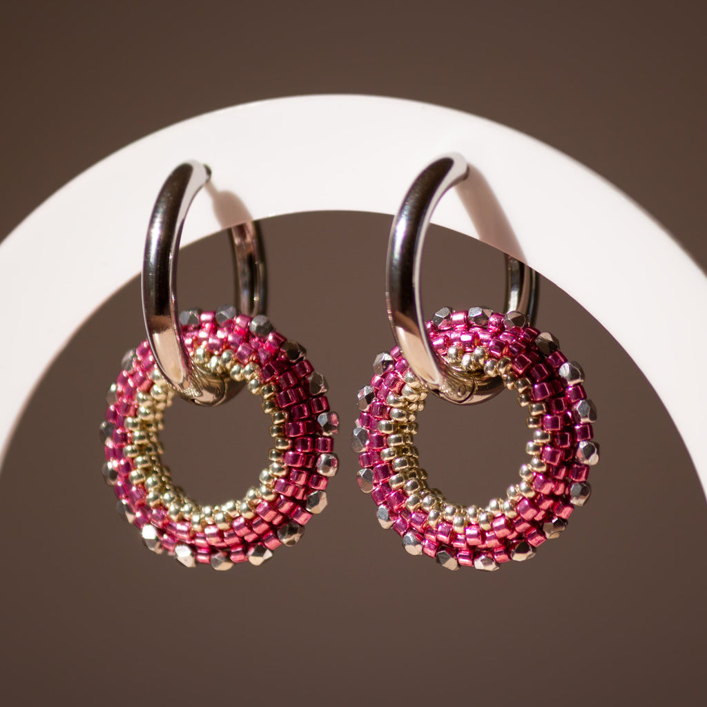 Boucles d'Oreilles Créoles | Acier Inoxydable & Perles  | Argent & Rose