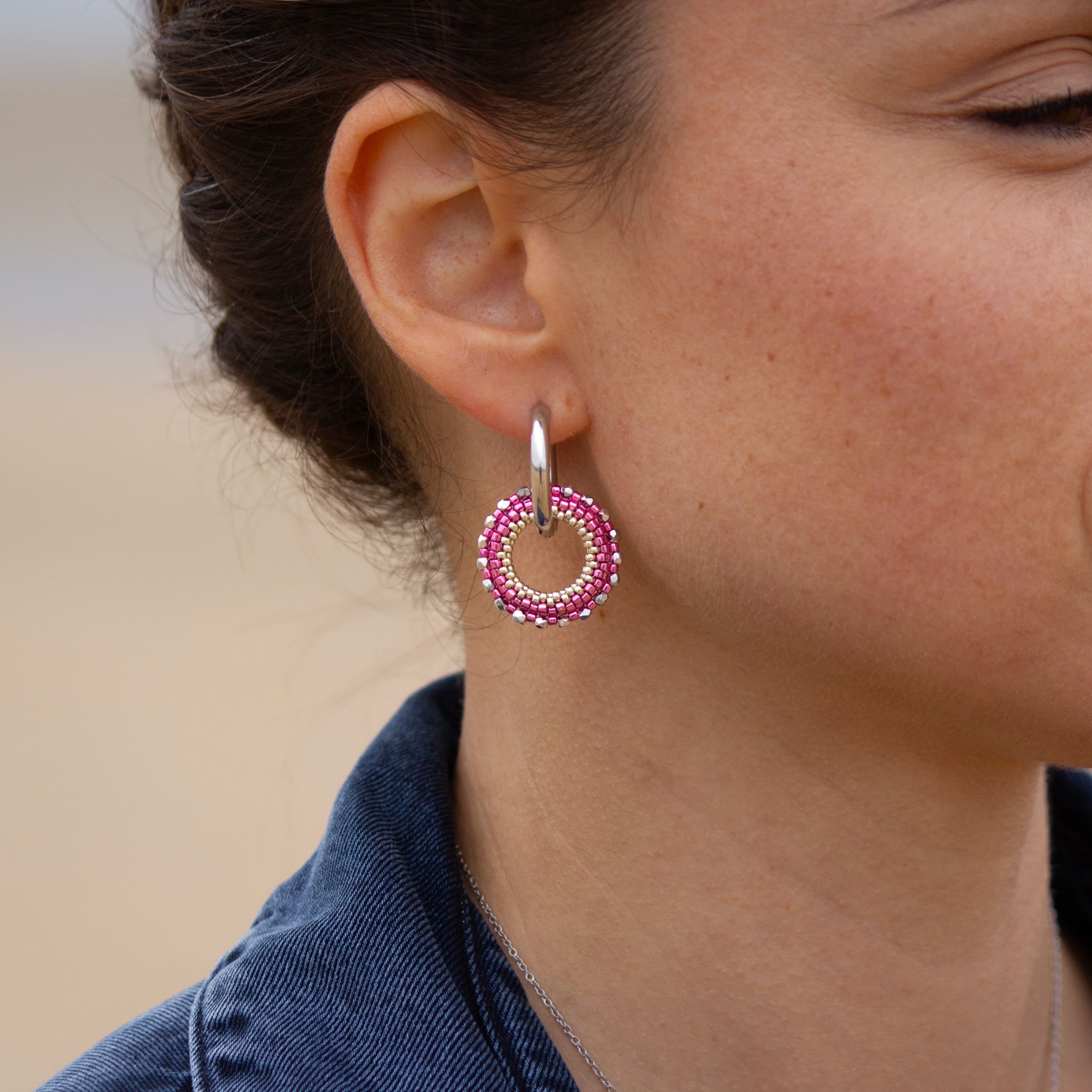 Boucles d'Oreilles Créoles | Acier Inoxydable & Perles  | Argent & Rose