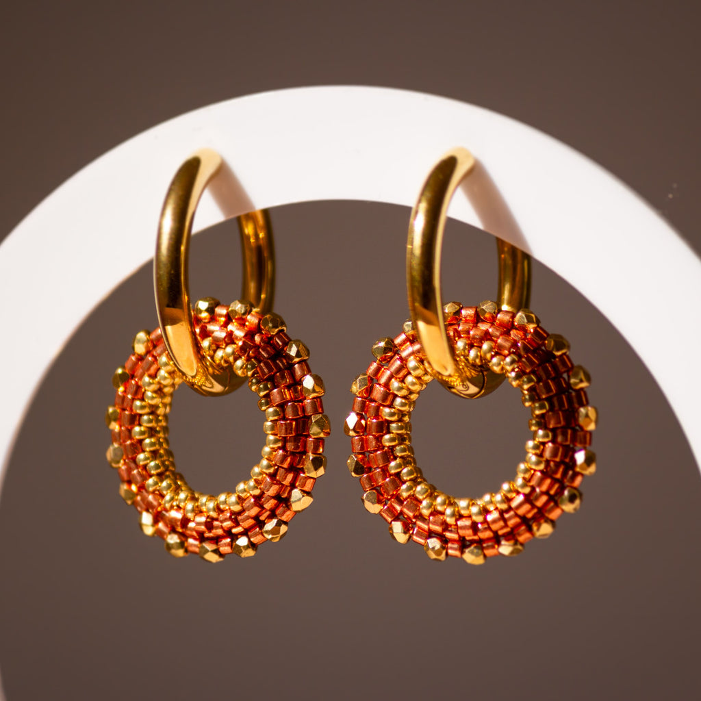 Boucles d'Oreilles Créoles | Acier Inoxydable & Perles  | Or & Orange