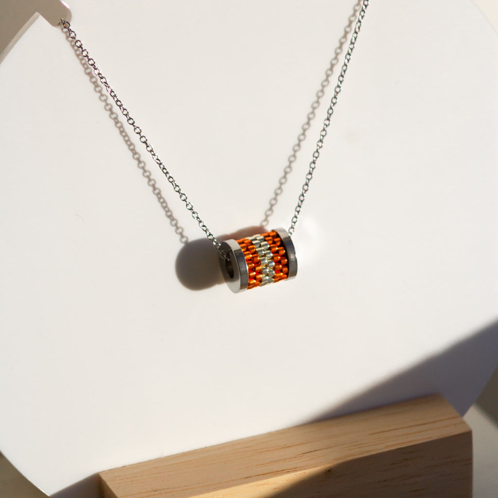 Collier Pendentif | Acier Inoxydable & Perles  | Argent & Orange