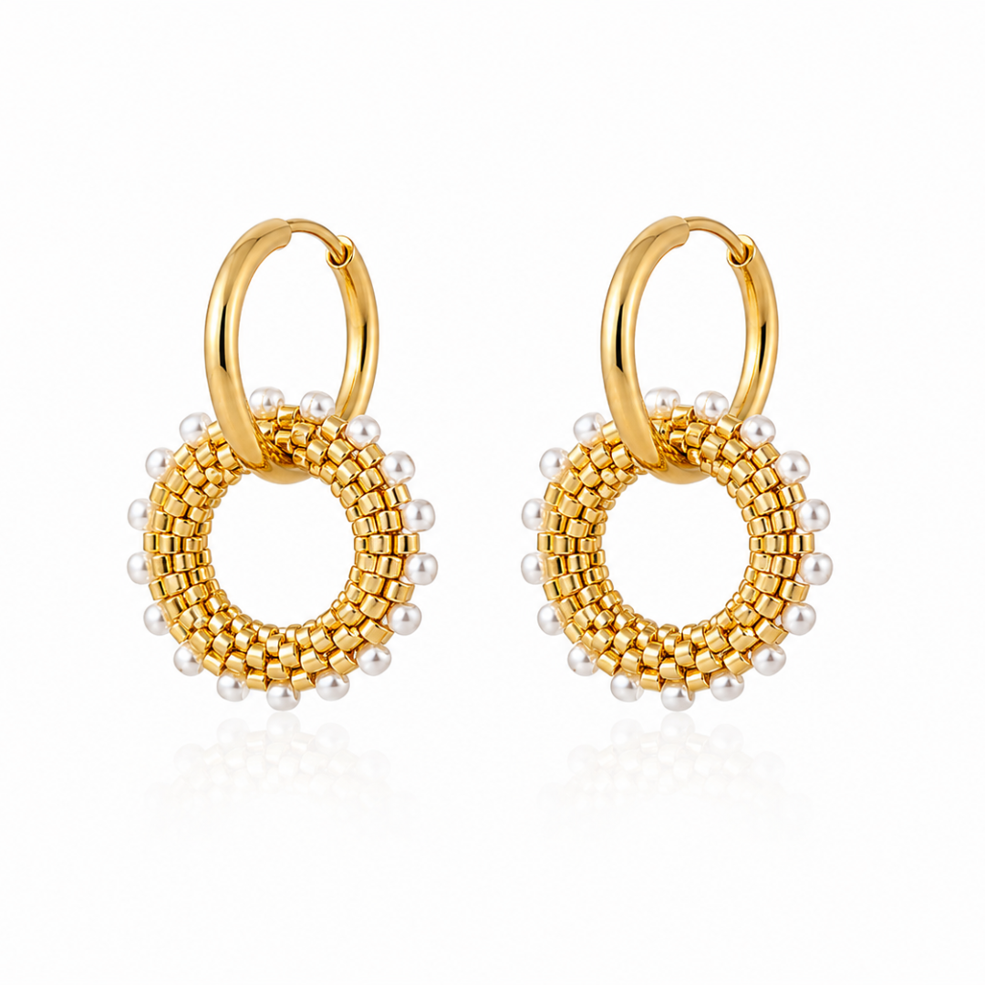 Boucles d'Oreilles Créoles | Acier Inoxydable 316L & Perles Blanches