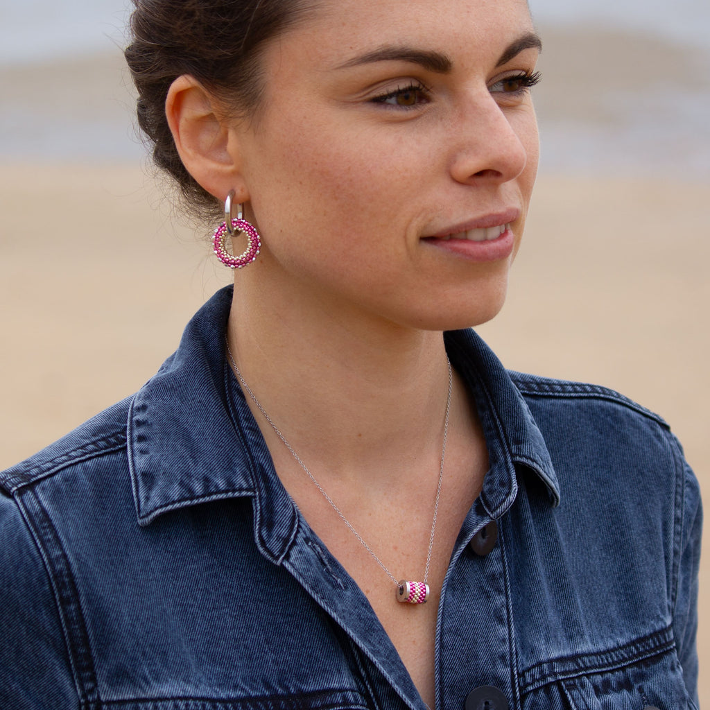 Boucles d'Oreilles Créoles | Acier Inoxydable & Perles  | Argent & Rose