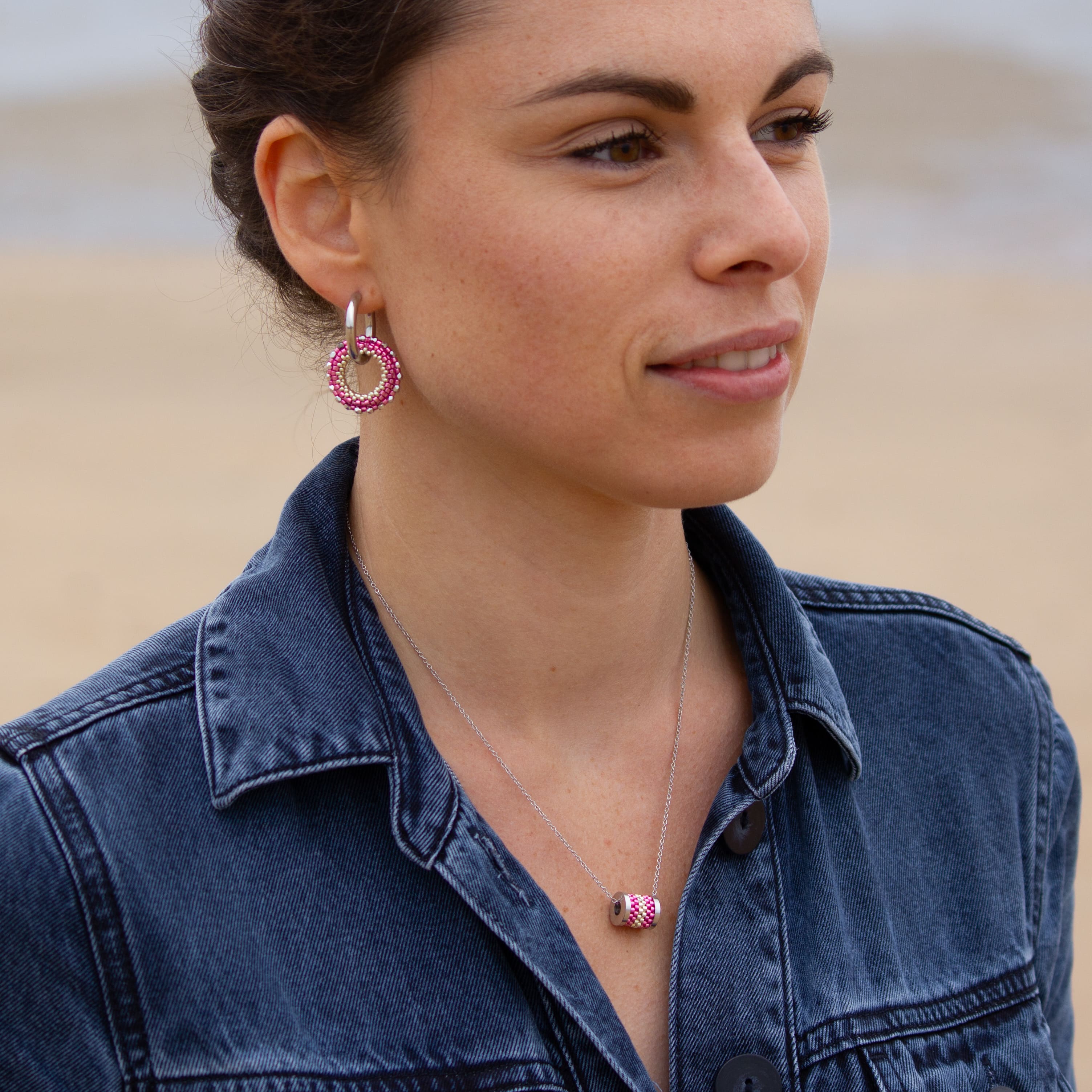 Boucles d'Oreilles Créoles | Acier Inoxydable & Perles  | Argent & Rose